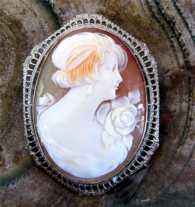 Superior Quality Carved Shell Cameo Girl with the rose on her shoulder White Gold solid 10K (marked) Filigree Brooch/Pendant, circa 1925