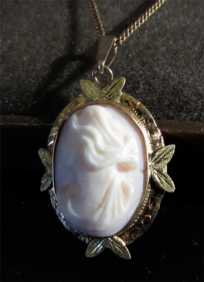 10k Yellow Gold Chain (marked) with 10k Bezel (marked) & Coral Cameo 1930 circa. Total weight -4.13 Grams