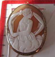Nicely carved Antique Carnelian shell-image of Woman in the sky Marked 18 Karat Yellow Gold Cameo brooch/pendant