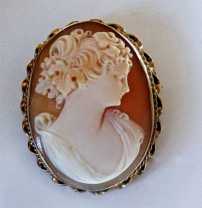 Estate Superiorly carved Carnelian shell image of Bacchante Circa 1905 marked 10K Yellow Gold brooch