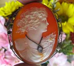 Superior Quality 14K (marked) White Gold Brooch/Pendant Carved Shell with Diamond necklace, circa 1930