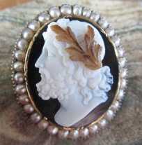 Museum Quality 3 colors Agate image of Superior Roman God Zeus 14K Gold natural Pearls Brooch Circa 1855. Newer non-gold pin