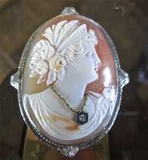 Quality carved shell Goddess of Fertility with Necklace & Diamond. 14K Marked White Gold from 1930th Pin/Pendant