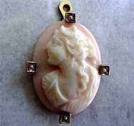 Antique Rose & White Coral Carved Pendant 10K with 4 Pearls. Roman Goddess of Hunting Diana. Circa 1910