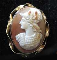 Athena - Goddess of Wisdom and Crafts Carnelian Shell Circa 1890 14K Yellow Gold Brooch