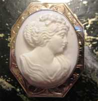 Angel Skin Coral in marked 10K Yellow Gold octagonal Brooch /Pendant Circa 1905 Roman woman.