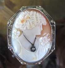 Museum Quality carved shell with Necklace & Diamond. 14K Marked White Gold from 1930th Pin/Pendant