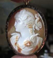 Roman Goddess, 4 colors Carnelian deep relief shell circa 1925 14K White Gold Brooch/Pendant, masterly crafted.