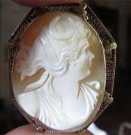Diana- Goddess of Purity and Hunting light Sardonyx Shell Circa 1915 marked 14K Yellow Gold Brooch. Adjusted