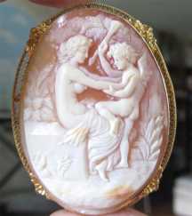 Museum Quality Antique marked 10K Gold High Relief Cupid with arrow & Venus Filigree Pendant/Brooch