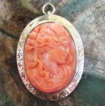 Art Nouveau Museum Quality 3D Salmon Coral high relief stone Goddess Psyhe 14K Yellow Gold circa 1915 Brooch/Pendant