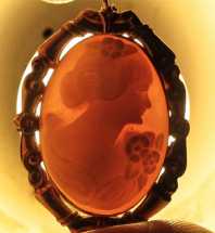 Vintage 10k Rose Gold Carved Woman Cameo Brooch/Pendant Circa 1930 Carnelian shell signed by the Artist