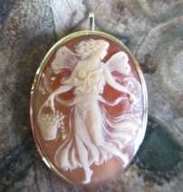 Psyche - goddess of the soul in Greek mythology. Superior Quality Carnelian Shell in 14K Yellow Gold Cameo Brooch/Pendant.