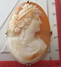 Superior Quality deep relief Classic Bacchante head carved shell. Marked 14K Yellow Gold cross type Brooch/Pendant Cameo