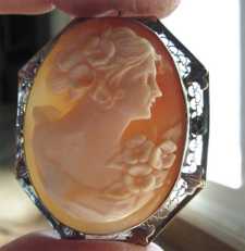 Superior Quality Light Carnelian shell circa 1935 Marked filigree 14K White Gold Brooch/Pendant