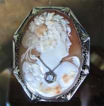 Quality carved 3 colors shell Flora’s head with Necklace & Diamond. 14K Marked White Gold from 1930th Brooch/Pendant