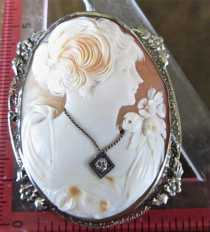 3 colors shell, lady wearing necklace & diamond with a little dog Museum quality 1930th 14K Marked White Gold Brooch/Pendant