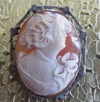 Outstanding Carnelian shell carving circa 1930 from Connecticut Estate Marked 14K White Gold Brooch/Pendant, masterly crafted.