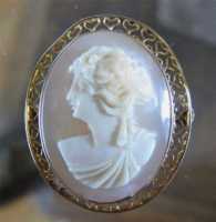 Sardonyx deep relief shell carving in marked 10K Yellow Gold Brooch Circa 1910 Roman woman profile.