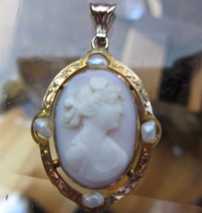 Roman Goddess Diana Rose & White Coral circa 1910 Marked 10K Yellow Gold Pendant with pearls