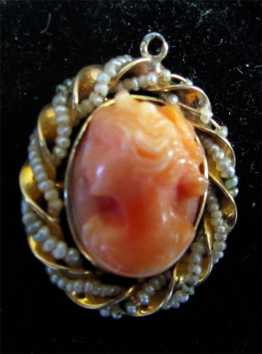 Beautiful Victorian Gold with Natural River Pearls Red Coral Pendant Circa 1890-1900