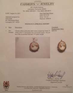 Carved Coral beauty with 53 natural pearls from 1920th In original 9K Yellow Gold brooch/pendant with appraiser papers