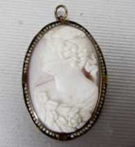 Carved Coral Greek Goddess Psyche circa 1915 10K Yellow Gold filigree Pendant with pearls