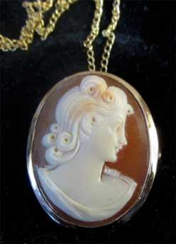 12K Yellow Gold Filled Chain with 10K Bezel Brooch & Pendant Carnelian Shell Cameo circa 1940 -4.04 Grams