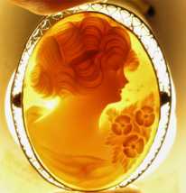 Beauty from 1930th Carnelian shell masterly carved portrait Marked 10K White Gold Brooch/Pendant. Signed “GG”.