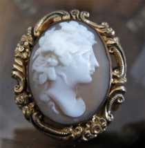 Adonis - Roman Young God of Beauty. High relief Sardonyx shell Unmarked 15K Yellow Gold Brooch. Circa 1870