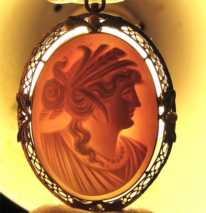 Ceres - Roman Goddess from 1920th - Carnelian shell carved Marked 14K White Gold with pearls Brooch/Pendant.