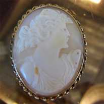 Psyche Goddess of Soul & Beauty- carved light shell from 1920th Unmarked but tested 14K Yellow Gold Brooch.
