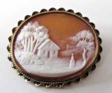 Remarkably carved landscape - woman at the house the trees. Carnelian shell in unmarked Gold or GF Brooch. Circa 1880.