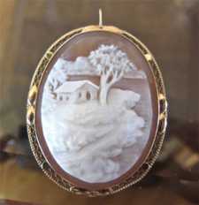 Remarkable landscape - The house & trees on the hill at the river. Carnelian shell in the marked 14K Gold Filigree Brooch/Pendant.