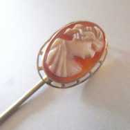 Marked MARATHON Antique carved shell cameo Circa 1910 10K Yellow Gold stick pin