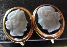 VTG Art Deco 10K Gold BDA Budlong Docherty Armstrong Agate/Onyx black & white Cameo Earrings