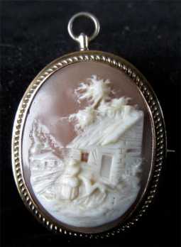 Victorian 9 kt Gold Cameo Deep Relief Hand Carved Landscape 1 1/2” tall 1” wide. Pin or pendant wear