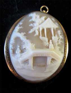 Victorian 9 kt Gold Cameo Deep Relief Hand Carved “Japanese Bridge” Landscape 2” tall 1 1/2” wide.