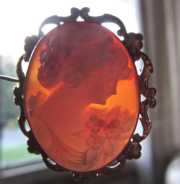 Vintage beauty from 1920th -1930th Greatly carved Carnelian shell Marked 10K Yellow Gold filigree brooch signed by the Artist