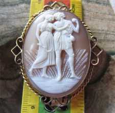 UK circa 1915 Carnelian shell -man & woman in the harvesting scene Marked 15K Yellow Gold filigree Big Brooch Pendant