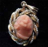 Beautiful Victorian marked 10K Yellow Gold with Natural Seed Pearls Red Coral Pendant Circa 1890-1900