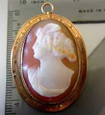 Vintage 10K Gold Greeks ornament carved shell cameo Brooch wear as pin or pendant