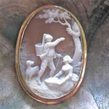 Museum cameo - pickers of forest berry and mushrooms Big Victorian 14K Yellow Gold Brooch.
