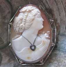 Perfect Quality shell with diamond masterly carved circa 1925 Art Deco marked filigree 14K White Gold Brooch/Pendant.