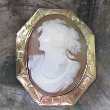 Well carved circa 1930th Octagon Conch shell cameo. The marked 10K solid Yellow Gold etched Brooch