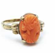 Ring Art Deco Size 5.25 10K Yellow Gold( (marked) Carved Coral Stone circa 1910