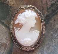 Vintage circa 1925 masterly carved light Sardonyx shell Marked 10K filigree White Gold brooch