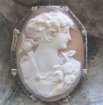 Vintage circa 1930 carved 3 colors shell cameo. 14K White Gold etched Brooch/Pendant.