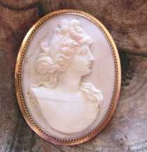 Great Antique circa 1890 carved Angel Skin(?) Coral. 10K Yellow Gold etched Brooch/Pendant.