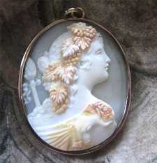 Museum Quality multi colors shell masterly carved Bacchante 10K Yellow Gold brooch/pendant. Circa 1880th. Signed.